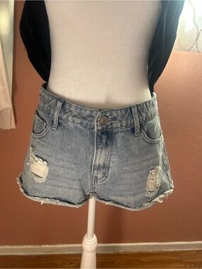 High-Rise Distressed Gray Denim Shorts